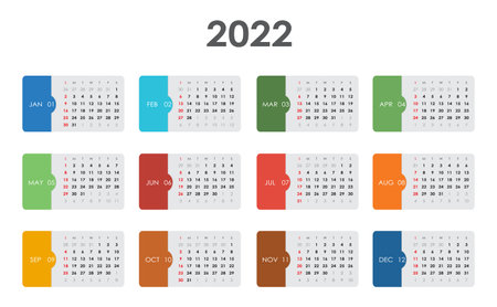 Calendar 2022. Week starts on Sunday. Basic grid - colorful template for annual calendar 2022のイラスト素材