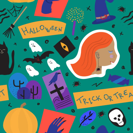 Happy Halloween. Seamless background for the Halloween holiday in cartoon vector style. Endless hand drawn flat illustrationのイラスト素材