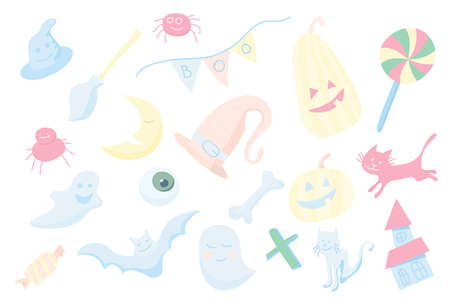 Set of Halloween cartoon illustrations with pumpkin, bat, spider, ghost, bone, candy, broom, moon. Perfect for decoration, greeting cards, events, flyers and postersのイラスト素材