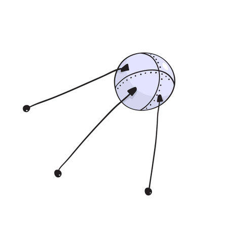first space satellite in space is an isolated illustration on a white background in cartoon comic styleのイラスト素材