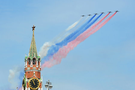 Moscow, Russia - May 07, 2022: view of the Kremlin and the trace of the flying planes at the victory paradeの写真素材