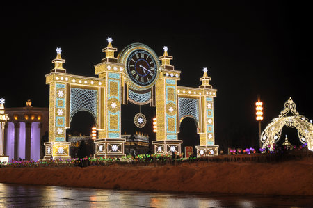 MOSCOW, RUSSIA - JANUARY 8, 2022: festive New Year decorations in the VDNH park in Moscowのeditorial素材