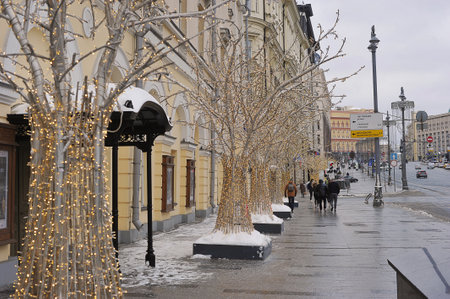 MOSCOW, RUSSIA - JANUARY 30, 2022: christmas decorations on the theater passage in Moscowのeditorial素材