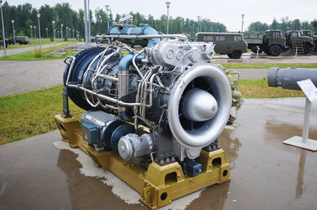 Kubinka, Russia - July 10 2022: M75RU gas turbine engine in the military museum in Kubinkaのeditorial素材
