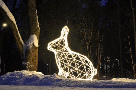MOSCOW, RUSSIA - JANUARY 8, 2022: festive New Year decorations in Ostankino Park in Moscowのeditorial素材