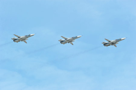 Moscow, Russia - May 07, 2022: view of the flying planes at the victory parade