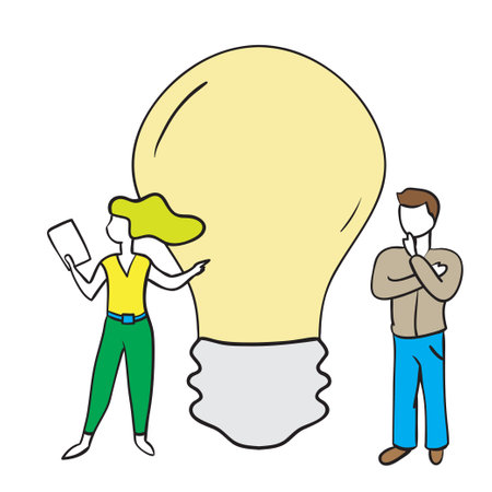 Illustration of a man and a woman with a lightbulbのイラスト素材