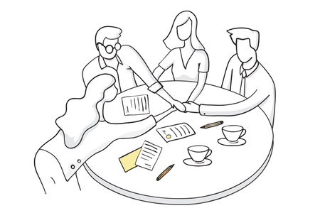 Business meeting. Hand drawn vector illustration of business people at the table.のイラスト素材