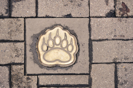 Yaroslavl, Russia - November 4, 2023: the trail of a bear on the cobblestones on the streets in Yaroslavlのeditorial素材