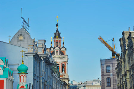 Moscow, Russia - February 22, 2025: view of the Spassky Cathedral and construction crane in Moscowのeditorial素材
