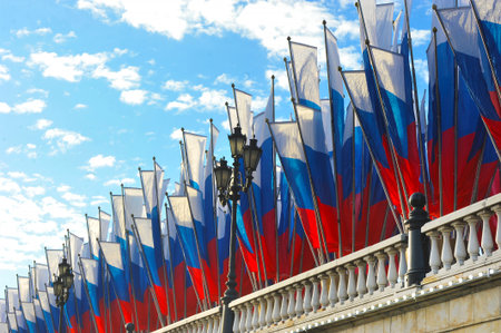 Moscow, Russia - February 22, 2025: festive decoration with Russian flags on Manezhnaya Square in...