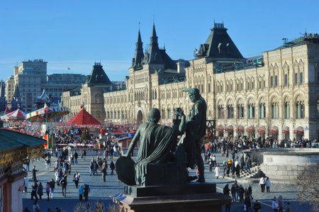 Moscow, Russia - March 08, 2025: monument to Minin and Pozharsky on Red Square in Moscow