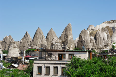 Uchisar, Turkey - August 11, 2025: rock formations located near the city of Uchisar in Cappadocia, Turkeyのeditorial素材