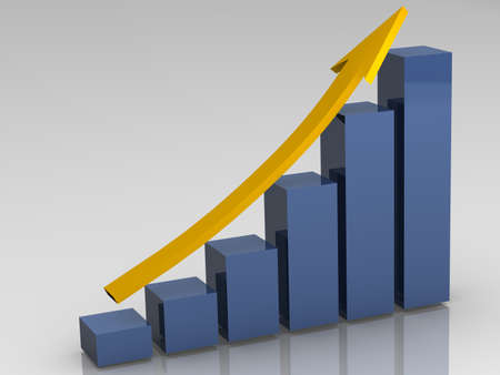 Blue rising bar chart with yellow arrow on white.High resolution 3D render.の写真素材