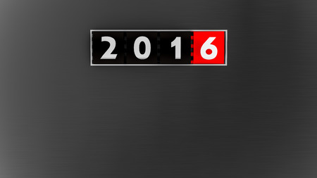 2016 counter on black brushed metal plate. New Year concept illustration. Render image.