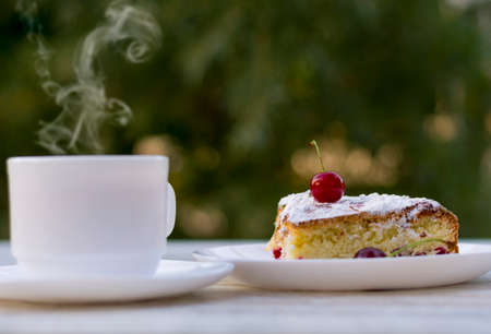 A cup of hot tea with lemon. Close-up. Mocap. Copy space, space for text.の写真素材