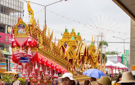 Yasothon, Thailand - May 11 2019: Traditional thai dance group at the parade at Thai Rockets festival (Boon Bang Fai) It is held every year around May at Yasothon in Esan, north east of Thailandのeditorial素材