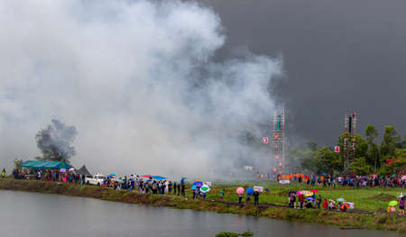 The rocket taking off into the sky.The rocket festival at yasothon province,Thailand on 15 May, 2022のeditorial素材