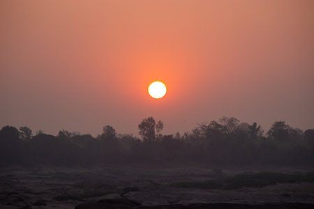 View of the Mekong River at sunrise May â8  â2024 Ubonratchathani âThailandの写真素材