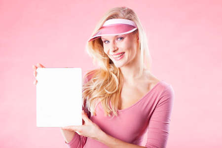 Beautiful woman holding her hands in whiteboard. Commercial, advertisement. Special prices. Wow!の写真素材