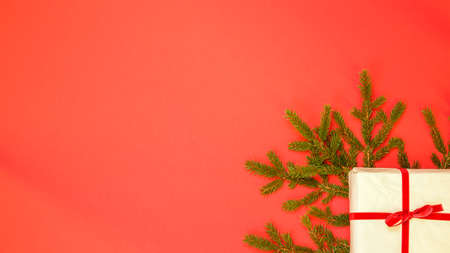Fir branch / twig and christmas gift box on red background. Christmas border with empty blank copy space for text.の写真素材