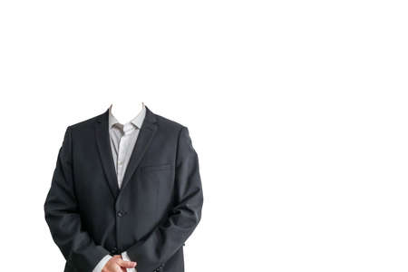 Businessman in white shirt and black suit. Isolated template without head. White background with copy space for text.の写真素材