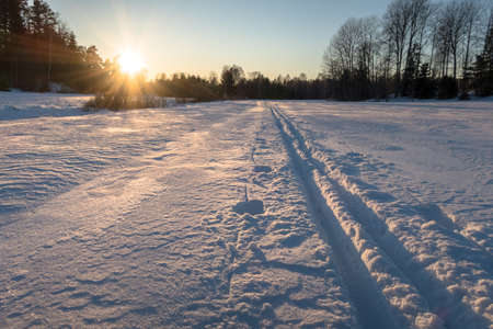Homemade ski trails in the sunset. Make your own track. Traces of skis and rods.の写真素材
