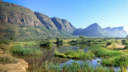 Beautiful view of swamp with hippos and a mountain range in the background. Entabeni waterberg.の写真素材