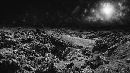 Moon landscape or remote alien planet concept. Image montage.の写真素材