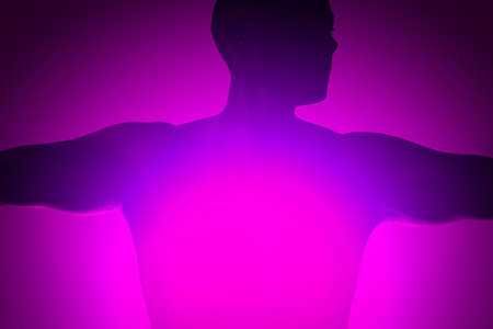 Pink silhouette of a man flexing his muscles and make a victory win pose. Boxer and wrestling...