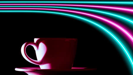 Pink and turquoise neon lights over a cup of coffee. Colorful modern retro background.の写真素材