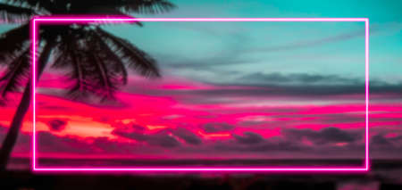 Colorful holiday and 80s concept sign with pink neon lights frame. Lots of copy space for text or product display in the background.の写真素材