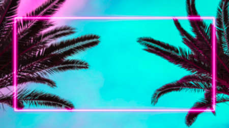 Palm trees and pink neon light frame. Colorful holiday and 80s concept background with copy space...