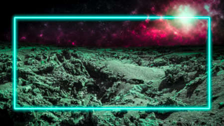 Turquoise laser neon light frame over outer space background with galaxies and stars. Extraterrestrial alien planet. Copy space for text or product display.の写真素材