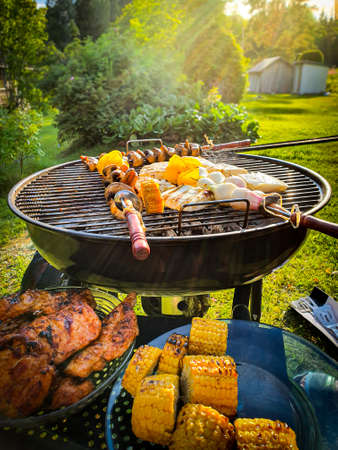 Assorted delicious grilled meat and vegetables over coal barbecue grill in sunny green garden.の写真素材