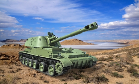 Soviet 152-mm self-propelled howitzer divisional against the desert landscape  Developed in the Ural factory of Transport Engineeringの写真素材