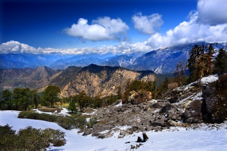 view of the glaciers on the mountains and forested mountains in the Himalayas  Chopta, Uttarakhand, Indiaの写真素材