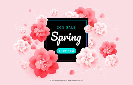 Spring sale beautiful banner design with pink flowers illustrationのイラスト素材