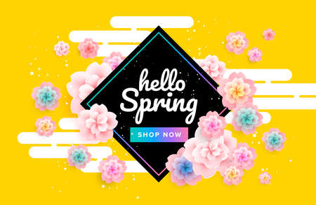 Spring sale background banner with beautiful colorful flowers on yellow backgound - vector illustrationのイラスト素材