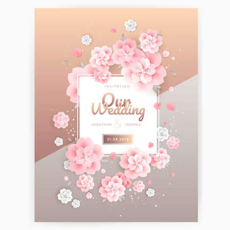 Wedding invitation card background template with pink floral designs.のイラスト素材