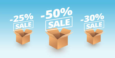 Sale banner delivery cardboard boxes icons - 25% off discount sale, 50% off, 30% off sale vector illustrationのイラスト素材