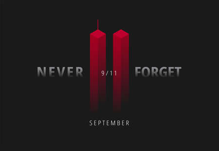 9/11 vector illustration for Patriot Day USA. Black background with red Twin Towers, Never Forget...