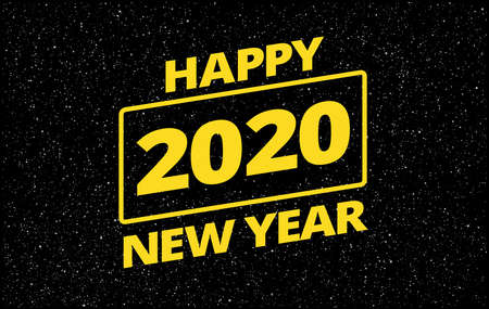 Funny creative New Year 2020 greeting card - retro star space theme - yellow typography Happy New...