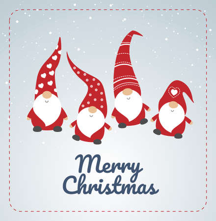 Christmas card with cute little Christmas gnomes in red hats dancing - winter seasons greetings - vector illustrationのイラスト素材