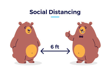 Social distancing image - Keep your distance 6 feet icon - cartoon illustration of distance between two bears - characters isolated on white backgroundのイラスト素材