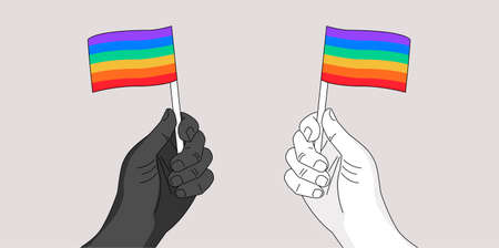 Two hands waiving rainbow flags - gay pride symbol - hand drawn  illustration for Pride month event - metaphor of people's civil equal rightsのイラスト素材