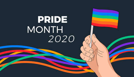 Pride month parade background - rainbow flag in hand and abstract colorful rainbow stripes waving on black background. Pride Month 2020 typography - illustration for pride month celebrationのイラスト素材