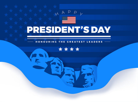 Happy Presidents Day card with Rushmore four presidents background and lettering "Happy President's Day. Honoring the Greatest Leaders" - vector illustrationのイラスト素材