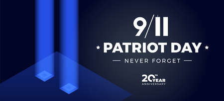 9 11 Patriot Day memorial 20th anniversary banner - vector illustration with 911 twin towers in blue...