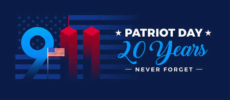 Patriot Day 20 Years banner - 9-11 illustration with US flag, stars and stripes texture background